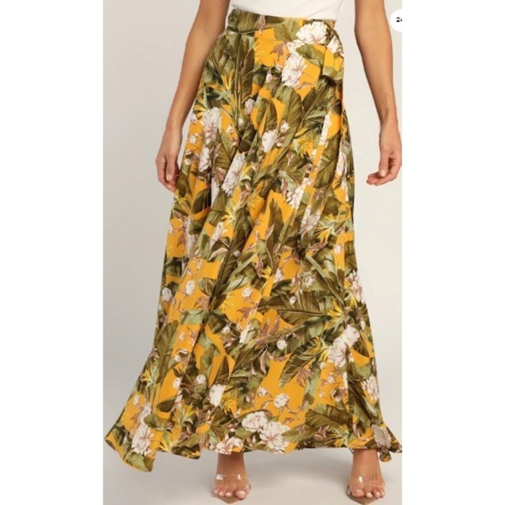 Lulus Away to the Islands Small NWT Marigold Tropical Print‎ Wrap Maxi Skirt